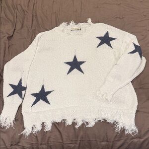 White Distressed Crop Sweater with Navy Knit Star Pattern Size M